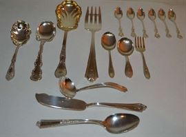 Lot 121: Misc. grouping of sterling silver: consists of 6 demitasse spoons, 1 berry spoon, 1 cold meat fork, 1 teaspoon, 1 master butter, 2 sugar shell spoons, 1 sauce ladle, 3 pc. Youth set, all various patterns, 16 pieces total, 10.20 toz. 

