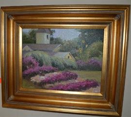 Lot 207: Signed Loren Brazier pastoral landscape oil of barn with lavender garden; 18"h x 20"w
