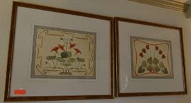 Lot 219: Pair of framed and matted coordinating Art Nouveau floral prints of poppies and tulips; 26"h x 30"w, framed in burled wood frames.  Reprints of 1904 prints (27)
