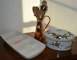 Lot 321: Lot includes Royal Worcester covered casserole, divided dish, copper pitcher with utensils
