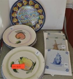 Lot 324: Lot includes set of four decorative plates by Selswick, Mexican decorative plate, set of four Delft tiles
