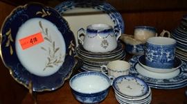 Lot 418: Large lot includes blue and white transferware and flow blue china; preview for condition, most items in lot have chips or discolored.
