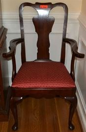 Lot 423: Set of 6 mahogany Q.A. style dining room chairs with 2 arms and 4 side, Greenfront, Farmville, VA;  39"h, burgundy diamond pattern fabric
