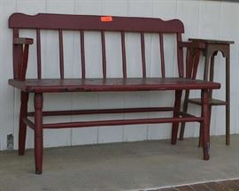 Lot 429: Lot includes red painted deacons bench (31"h x 42"w x 17"d), small table, wooden "Welcome" plaque, green painted concrete planter (front porch)
