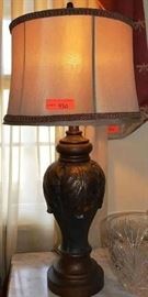 Lot 430: Decorative composition lamp with scroll work and taupe drum shade, 31"h
