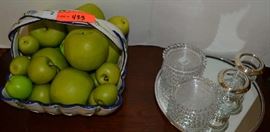 Lot 433: Misc. grouping of glass, includes 10 glass coasters with matching toothpick holders on mirrored tray, together with Italian blue and white ceramic basket with faux green apples
