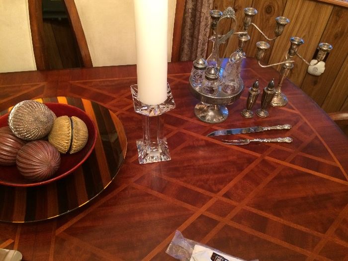 Closeup of Dining Table Top, Sterling Candelabras, Cruet Set, Crystal Candlesticks