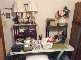 Various home decor, vintage stool, vintage lamps, other lights