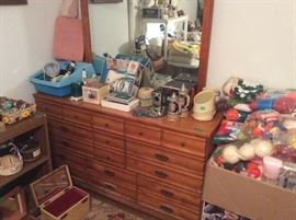 Vintage dresser - lots of miscellaneous items including a foot bath, massagers, light, powder box, german steins, mirrors, & more!