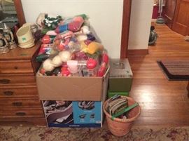 Stuffed FULL box of yarn - 3 to a package! basket us full of old magazines - we also have 3 different sewing boxes - all plastic - some with thread in various colors