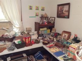 Vintage picture on wall, home made mushroom plaques, more sewing & craft supplies