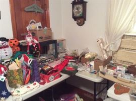 Nice clock on wall with key, box full of hand made houses, Christmas, Halloween, items along with bags full of cards, craft items, etc