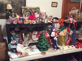 Wooden, craft made decor items for holidays, vintage ceramic Christmas tree, clear plug in angel, vintage angel and candle plug ins, wreaths of several different sizes & decor