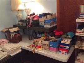 vintage coffee tables (2) and ladies shoes & hats