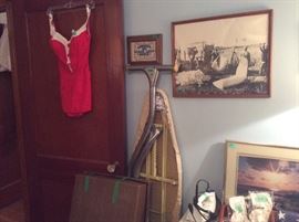 Vintage southern cotton field picture on wall, ironing board & iron, more home decor and additional pictures. on door - vintage bathing suit