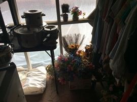 LOTS of different cookware - on right is various artifical flowers