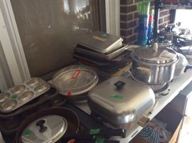 Vintage pie carriers (2), cookie sheets, baking pans & electric Sunbeam skillet