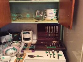 Set of silverware, silverplate misc items, bowls, household appliances, corning ware