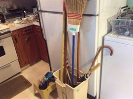 Stool, cane, wastebasket cleaning items