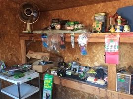Storage building 2 - 3 tier rolling cart, fans, more fishing items, miscellaneous