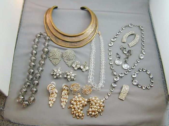 Assorted crystal & rhinestone jewelry and brass/bronze modernist choker necklace