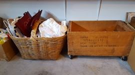 Extra large basket and vintage wooden rolling box.
