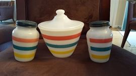 Vintage Fire King grease jar and salt and pepper shakers.