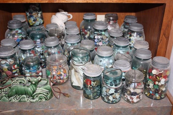 Lots of Blue Mason Jars and vintage Buttons!