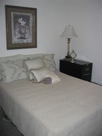 Bed, art print, lamp, clock, file cabinet for sale