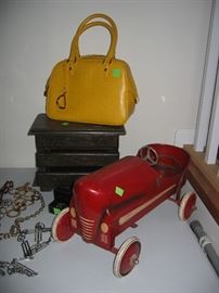 Toy car (reproduction), designer handbag, belts