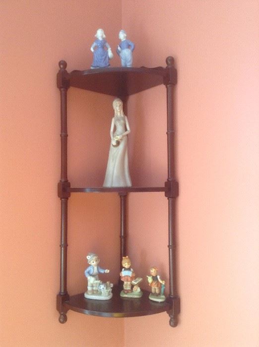 Bombay Co. corner wall shelf with vintage figurines