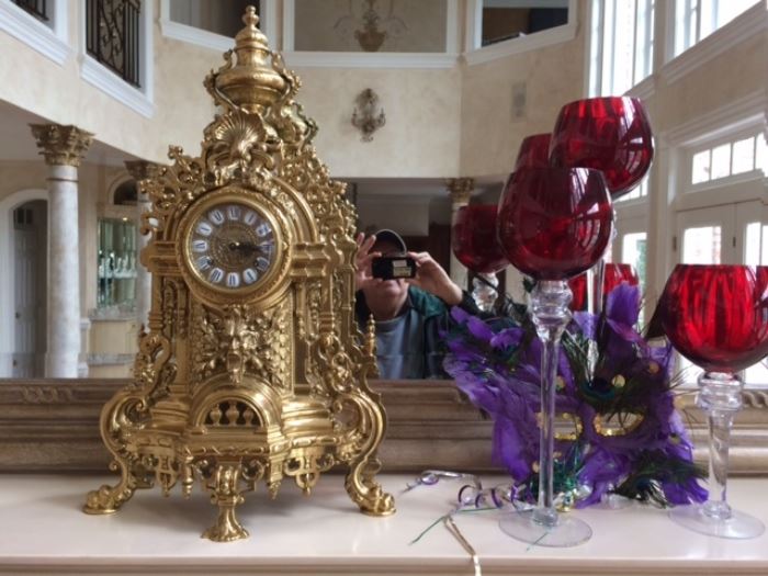 Large Brass Italian clock with venetian glassware