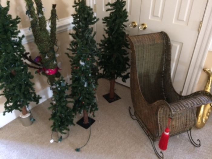 Christmas:  trees, wicker sled, angels, garland