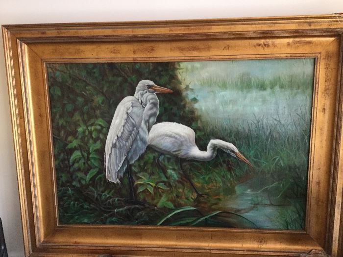 OIL PAINTING OF TWO CRANES