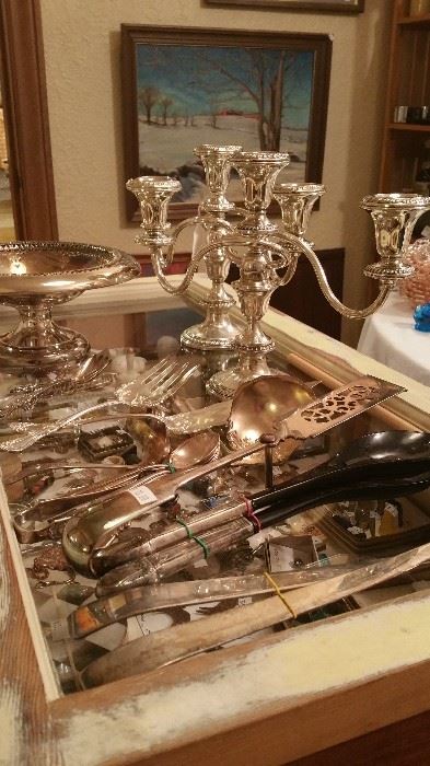 Sterling weighted candelabras and flatware