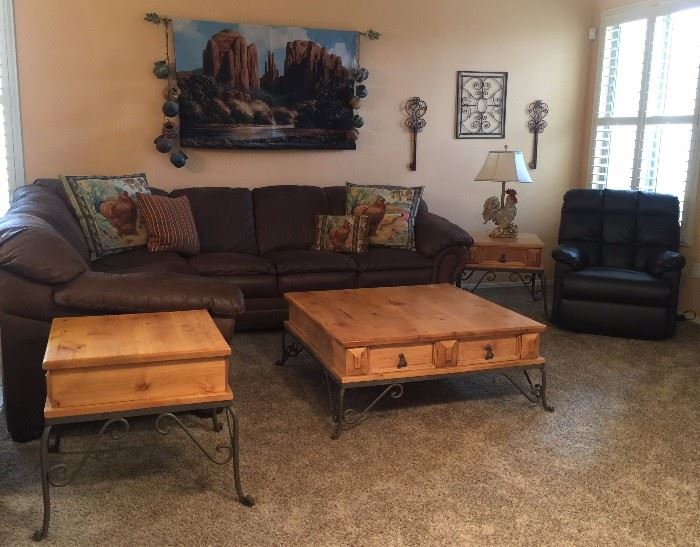 Leather Sectional, Knotty Pine Coffee Table and 2 End Tables, Wall Hanging, Recliner, Metal Wall Art, Decorative Pillows, Rooster Lamp