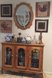 Oak Curio w Leaded Glass Doors, Asst Teapots, Art Prints, etc.