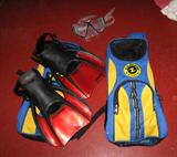 US Divers child size flippers with cases and face mask.