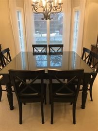 Pottery Barn 60" Sq. Black Wood Table  w/Beveled Glass Top w/8 Chairs and two additional 17" Leaves