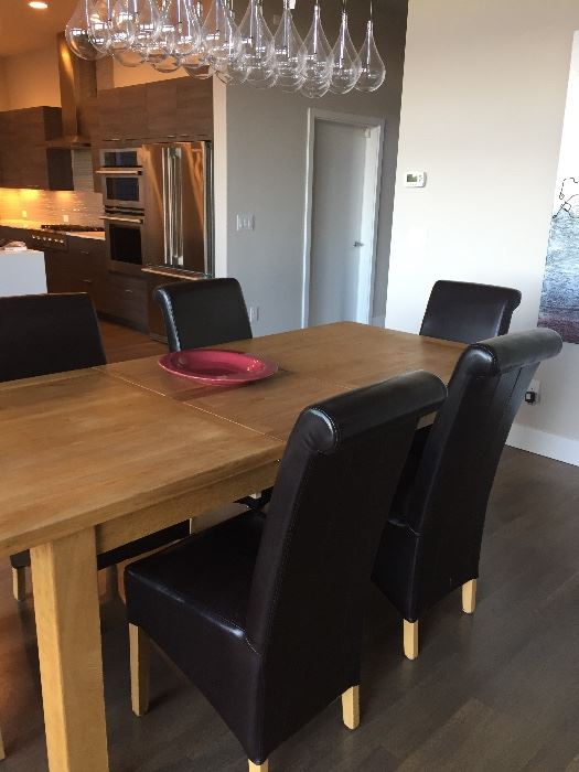 Dining table and 6 leather Parson's style chairs