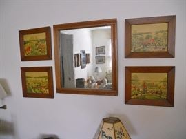 Set of 4 vintage pictures and old tin mirror