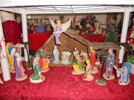 Beautiful creche with entire set of ceramic characters and animals