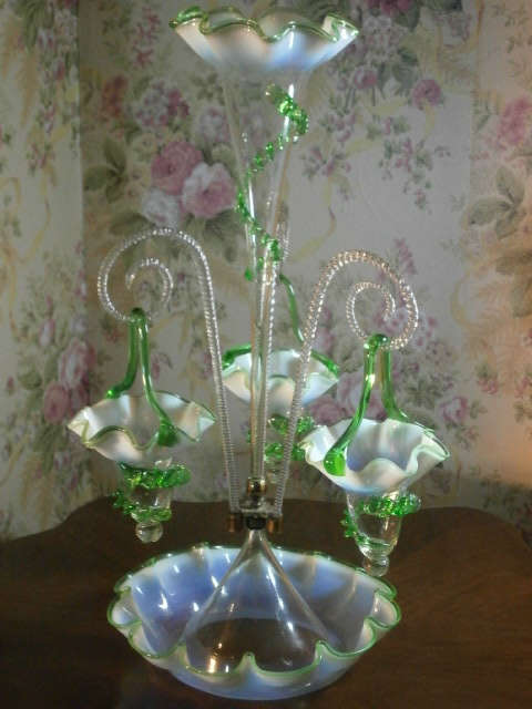 Victorian Opalescent Green epergne