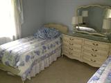 Dixie French Provincial white bedroom suit.  Two twin beds, dresser with mirror, night stand and 6 drawer chest