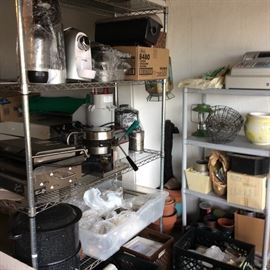 Sofa Stream, commercial grill/panini press, commercial Belgian waffle maker, Juicer, Robo Coupe, CBTL pod coffeemaker, silver pots, trays, serving dishes