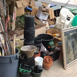 Gardening tools and lots of 5 gal black planting pots