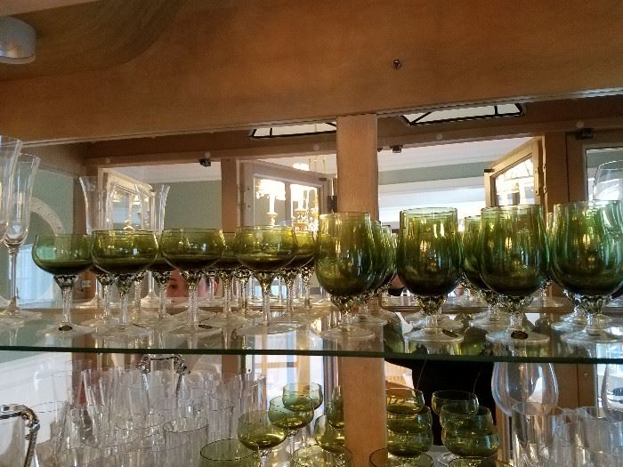 Sasaki green glassware for 12 -- wine glasses, water glasses