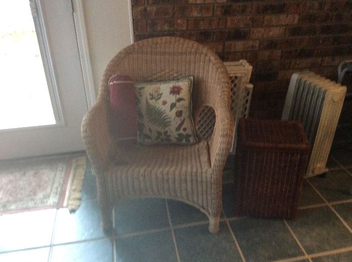 Additional wicker chair, small table, electric heater