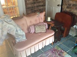 Sofa in Sun room, table &'TV trays, rug