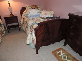 Custom 1940 Flame Mahogany  -- one of two Single Beds, and Chest of Drawers, one Mahogany Night Stands